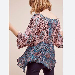 Anthropologie Floreat Burgundy Teal Velvet Burnout Sheer Ethereal Angelcore Top